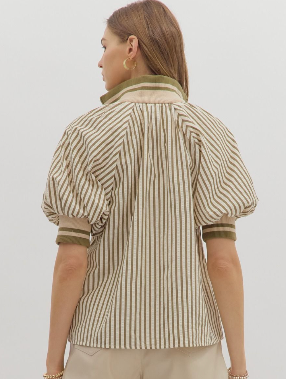 Striped Half Zip Blouse-Olive