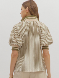 Striped Half Zip Blouse-Olive