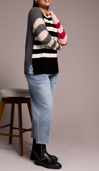 Tribal L/S Boat Neck Stripe Sleeve Sweater Black