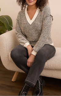 Tribal V-Neck Top w/Combo Rib Detail