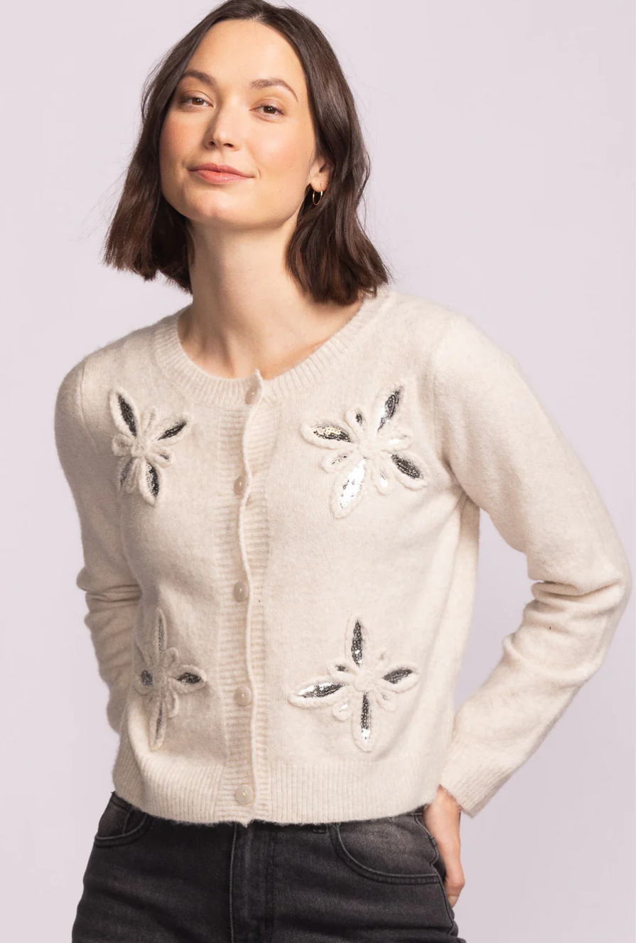 Sequined Floral Button Sweater