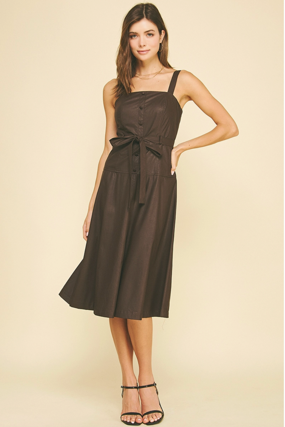 brown leather midi dress Faux Leather Button Detailed Midi Dress-Chocolate Small