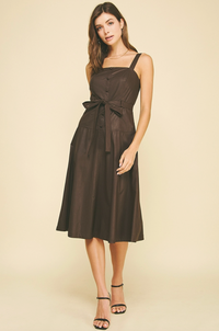 Faux Leather Button Detailed Midi Dress-Chocolate