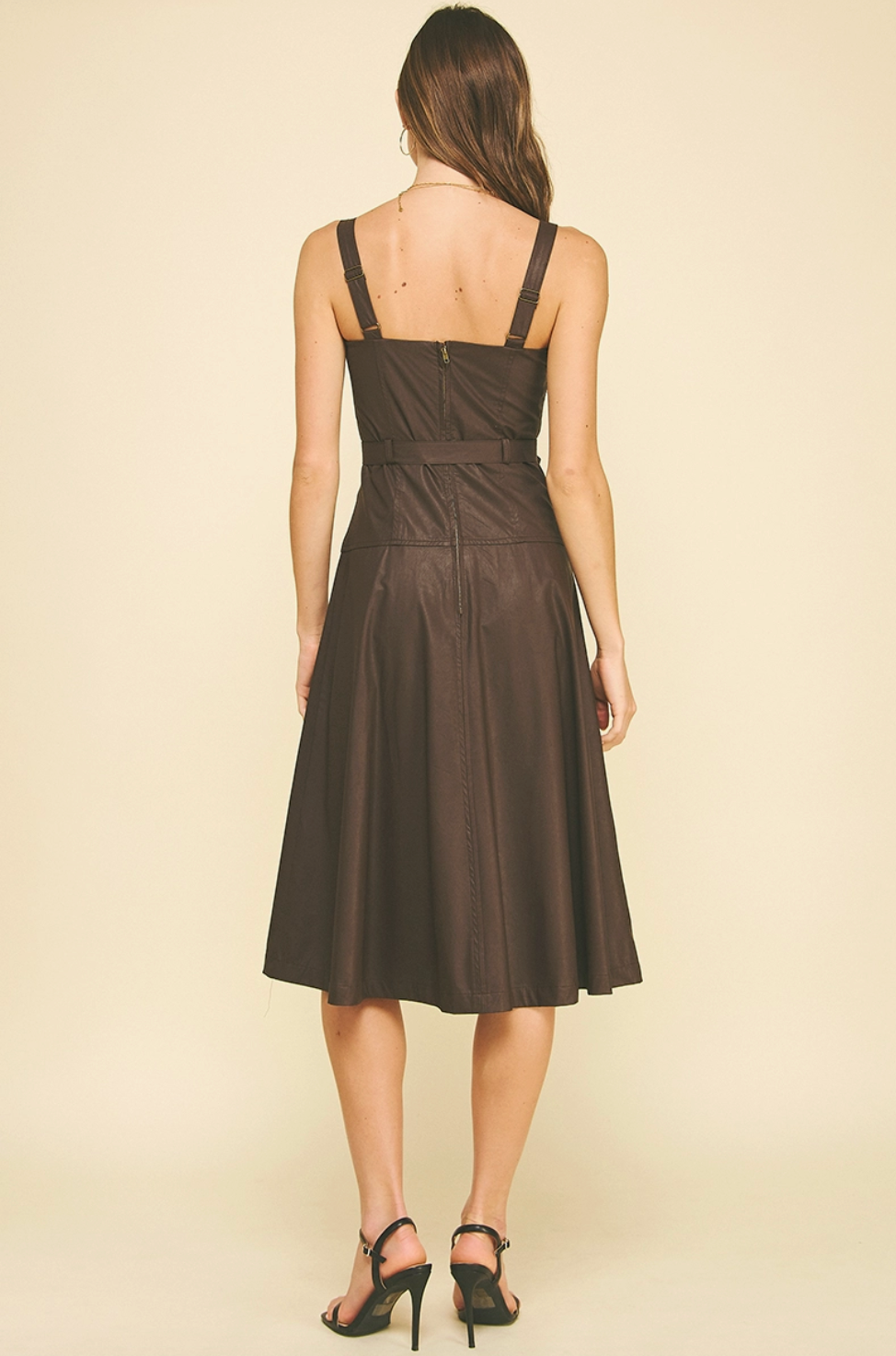 Faux Leather Button Detailed Midi Dress-Chocolate