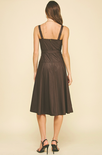 Faux Leather Button Detailed Midi Dress-Chocolate