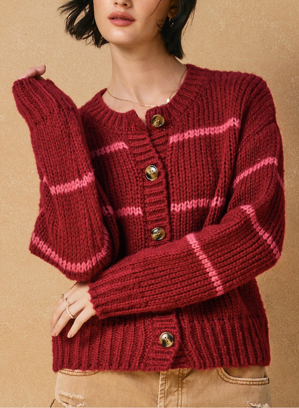 Fluffy Striped Button Down Cardigan