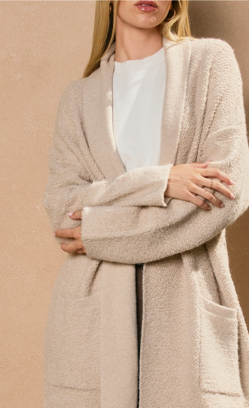 Open Front Long Cardigan-Natural