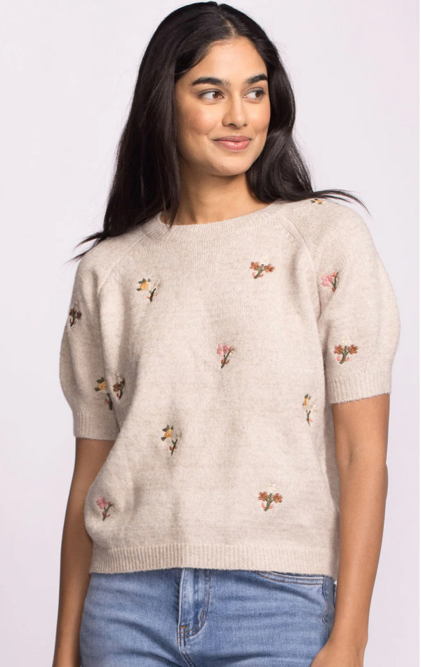 Floral Embroidery Short Sleeve Sweater