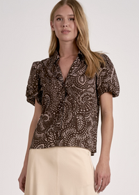 Elan Puff Sleeve Printed Blouse-Brown