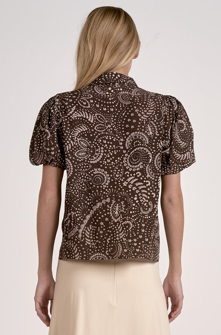 Elan Puff Sleeve Printed Blouse-Brown
