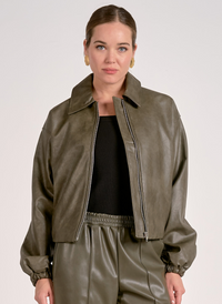 Elan Faux Leather Bomber-Olive