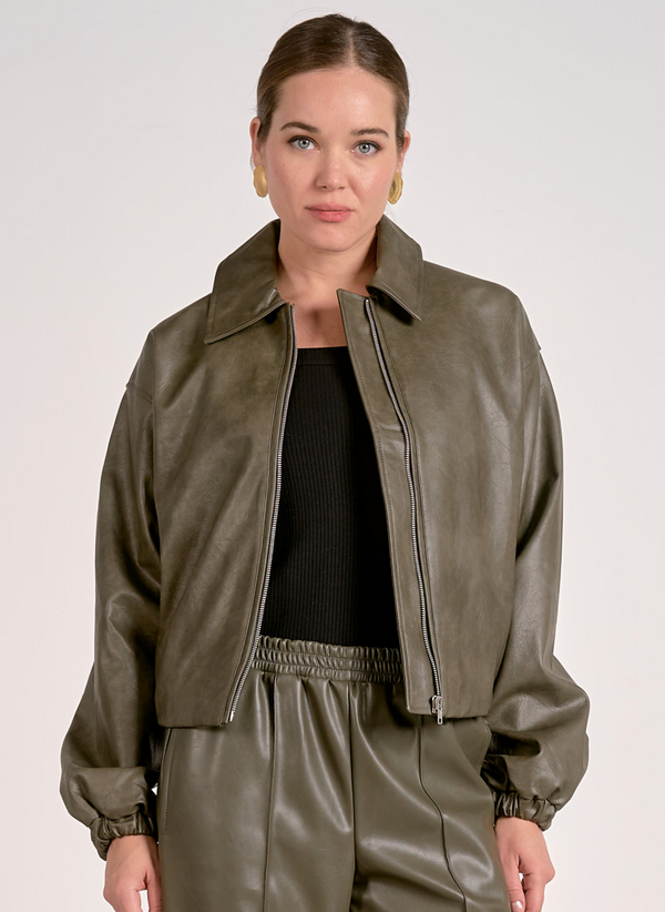 Elan Faux Leather Bomber-Olive