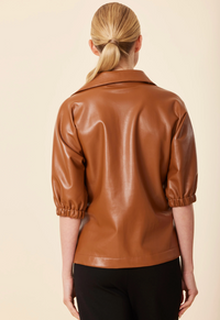 Faux Leather V Neck Top-Saddle