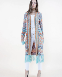 Chevron Knit Long Fringe Cardigan
