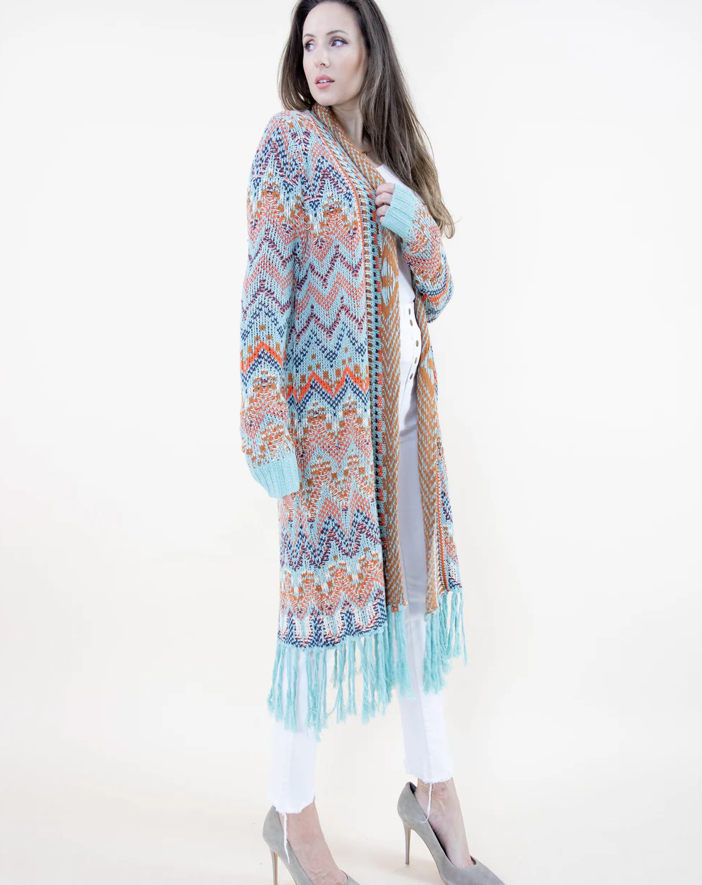 Chevron Knit Long Fringe Cardigan