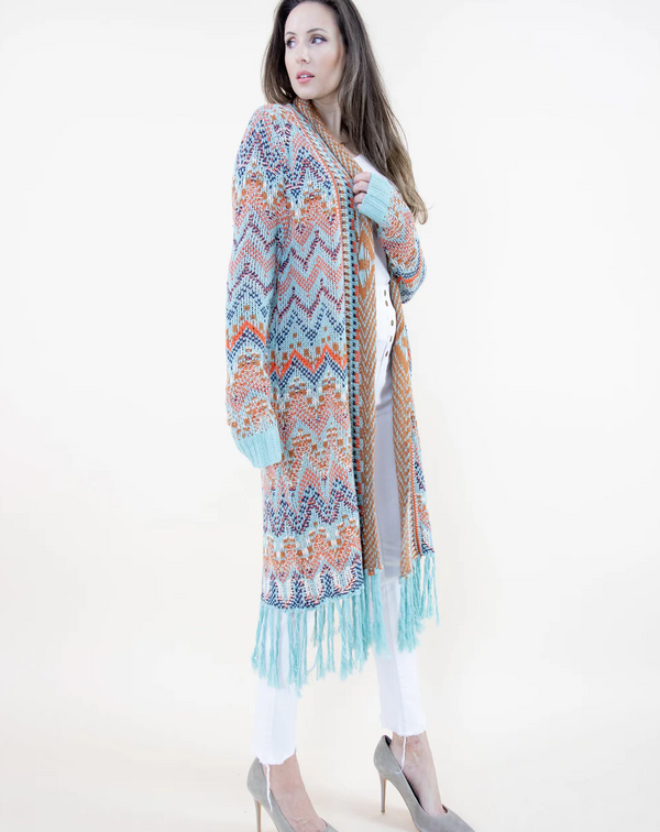 Chevron Knit Long Fringe Cardigan