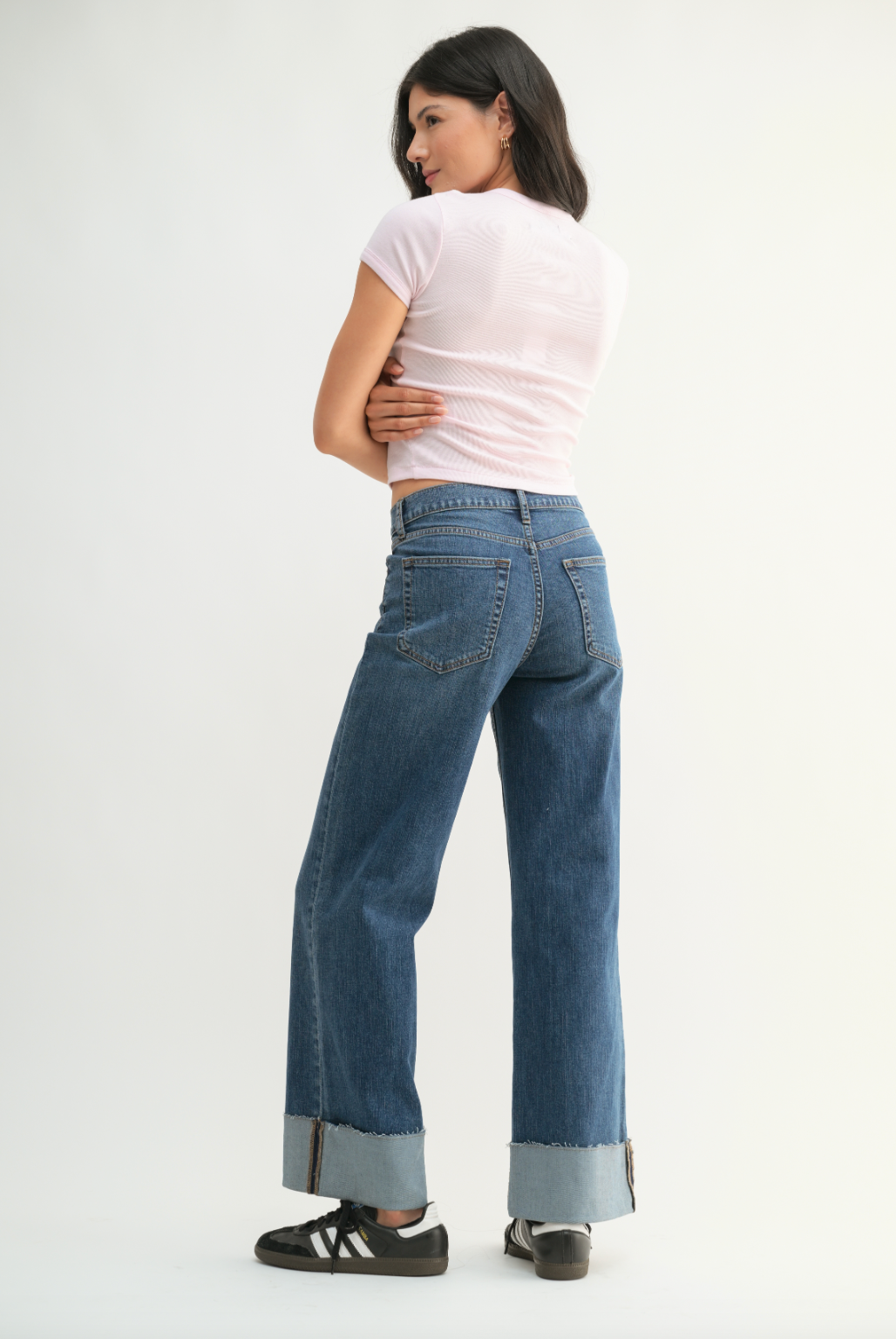 Cuffed Wide Ankle Jeans-Dark Wash