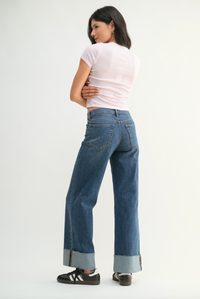 Cuffed Wide Ankle Jeans-Dark Wash