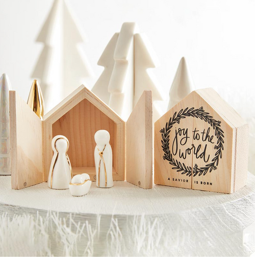 Mini Nativity-Ceramic Figurines Pine Wood Box