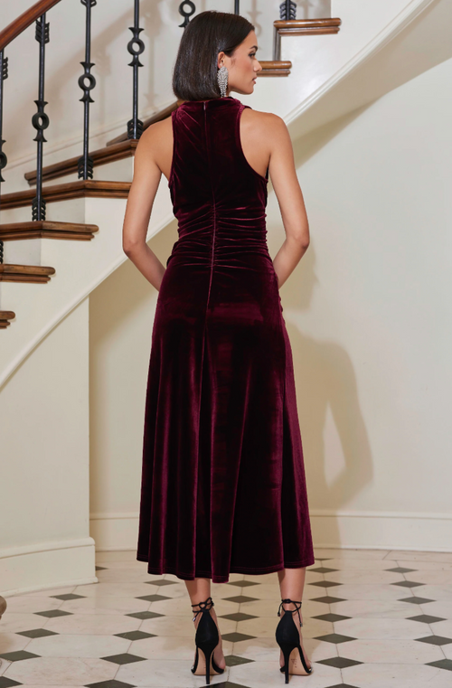 Elle Velvet Halter Dress-Scarlet