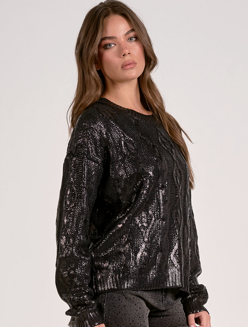 Coated Cable knit Sweater-Black