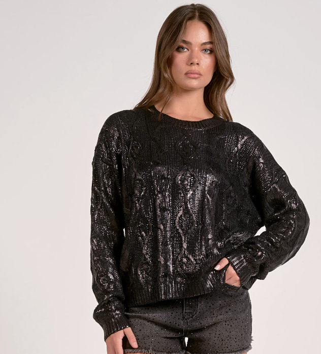 Coated Cable knit Sweater-Black