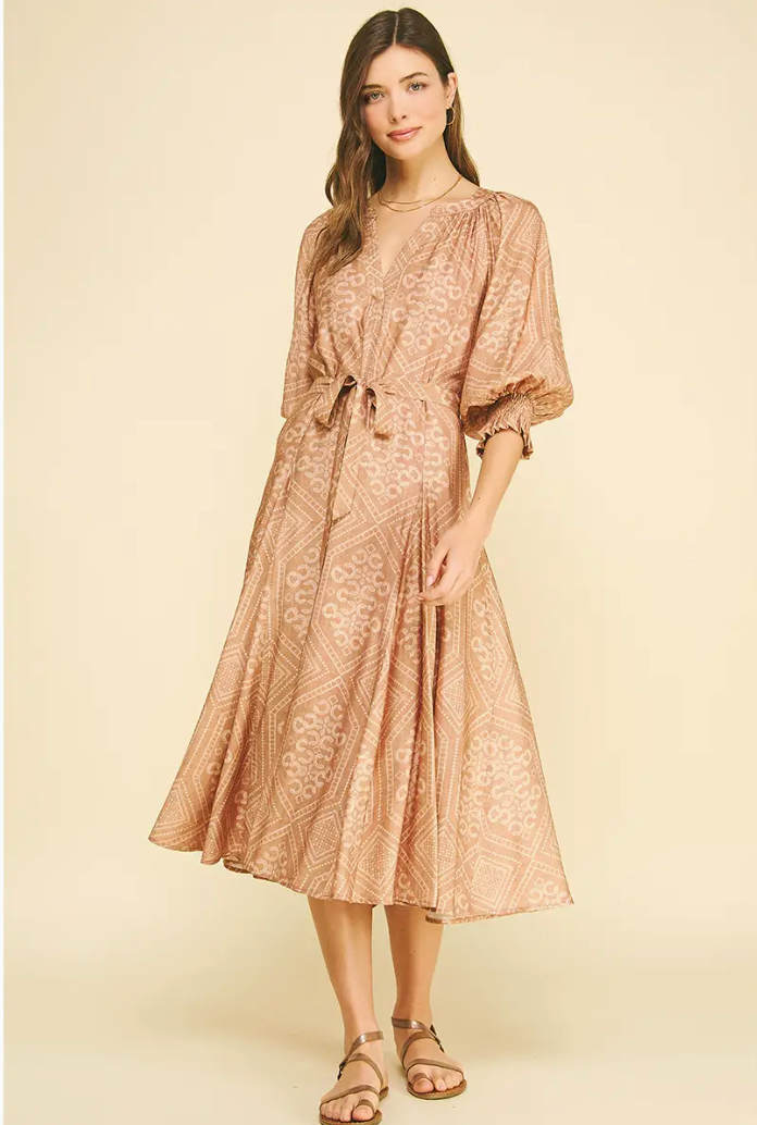 Geometric Print V-Neck Midi Dress