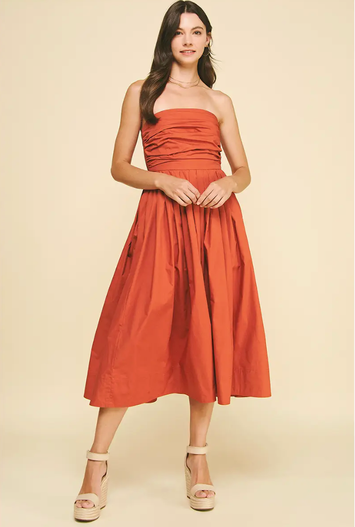 Shirring Strapless Midi Dress