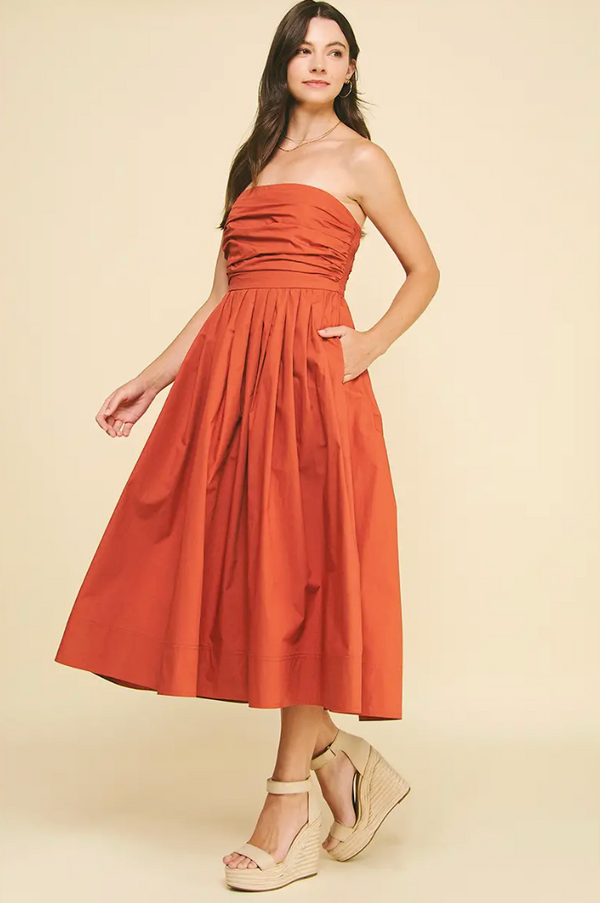 Shirring Strapless Midi Dress