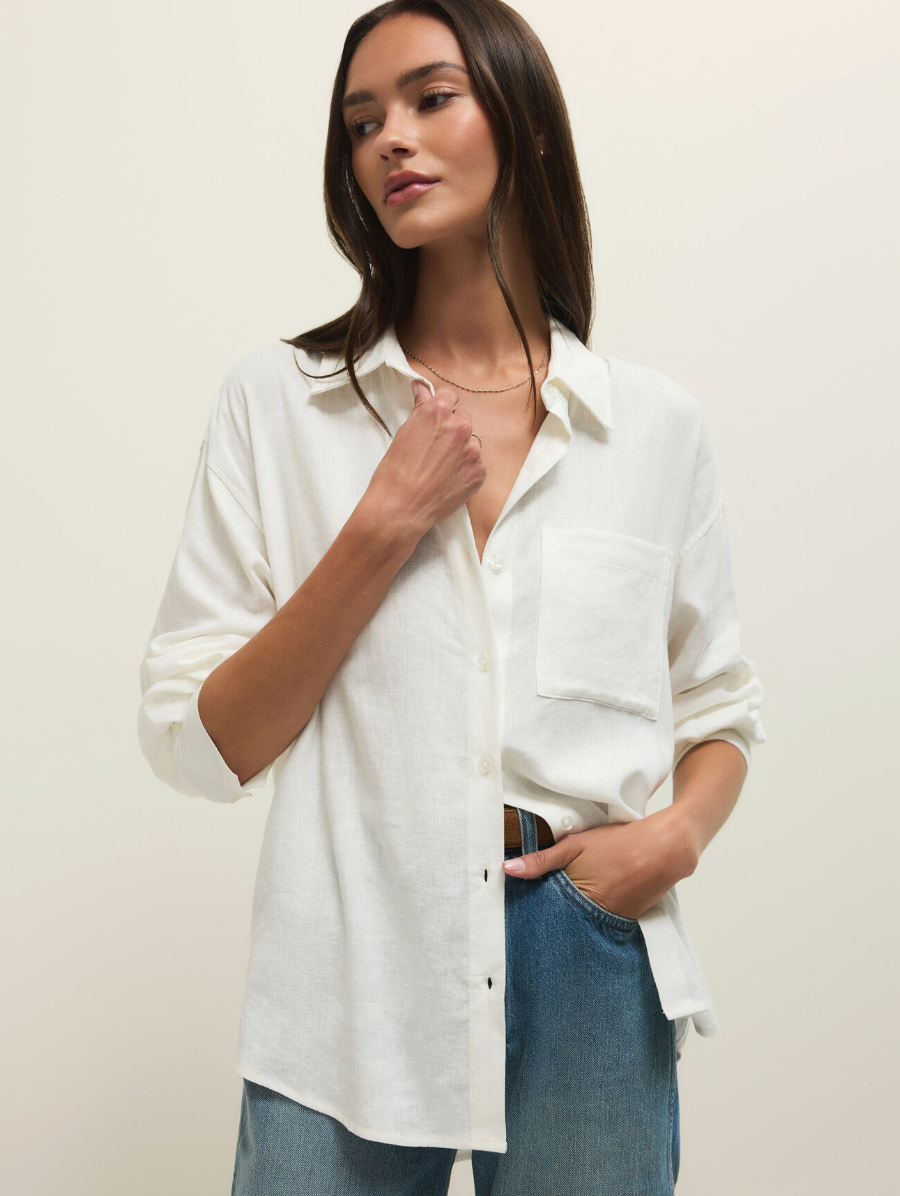 Z Supply Alfie Linen Button Up Shirt-White
