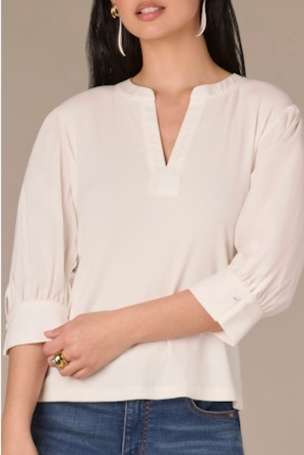 Puff Sleeve Mixed Media Top -Off White