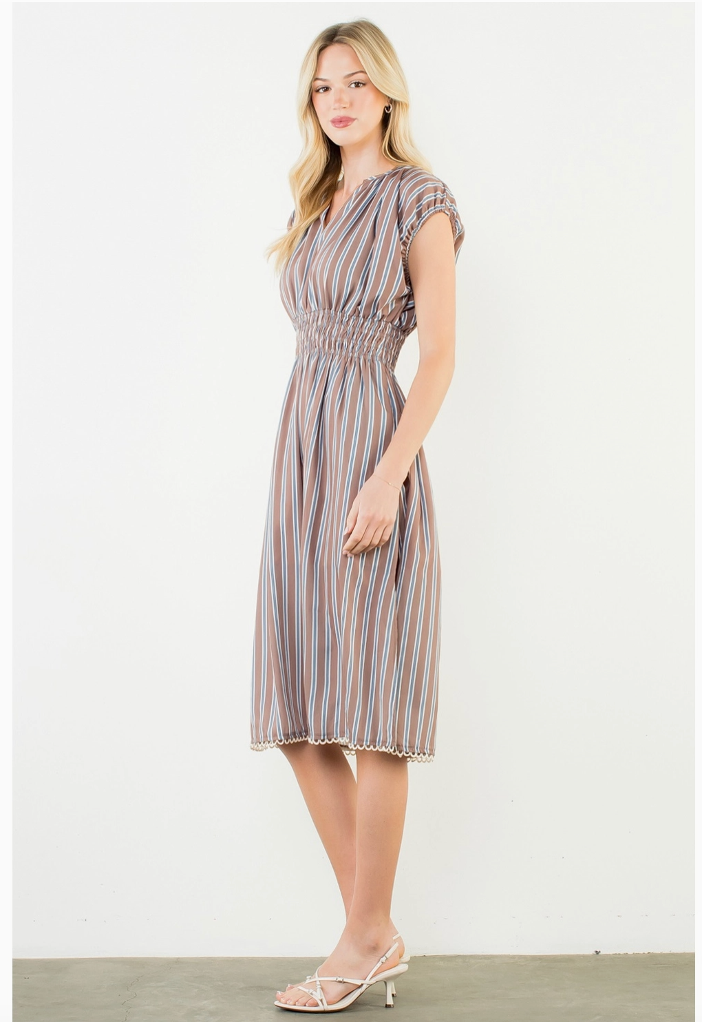 Striped Smocked Waist Short Sleeve Dress-Brown