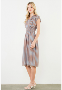 Striped Smocked Waist Short Sleeve Dress-Brown
