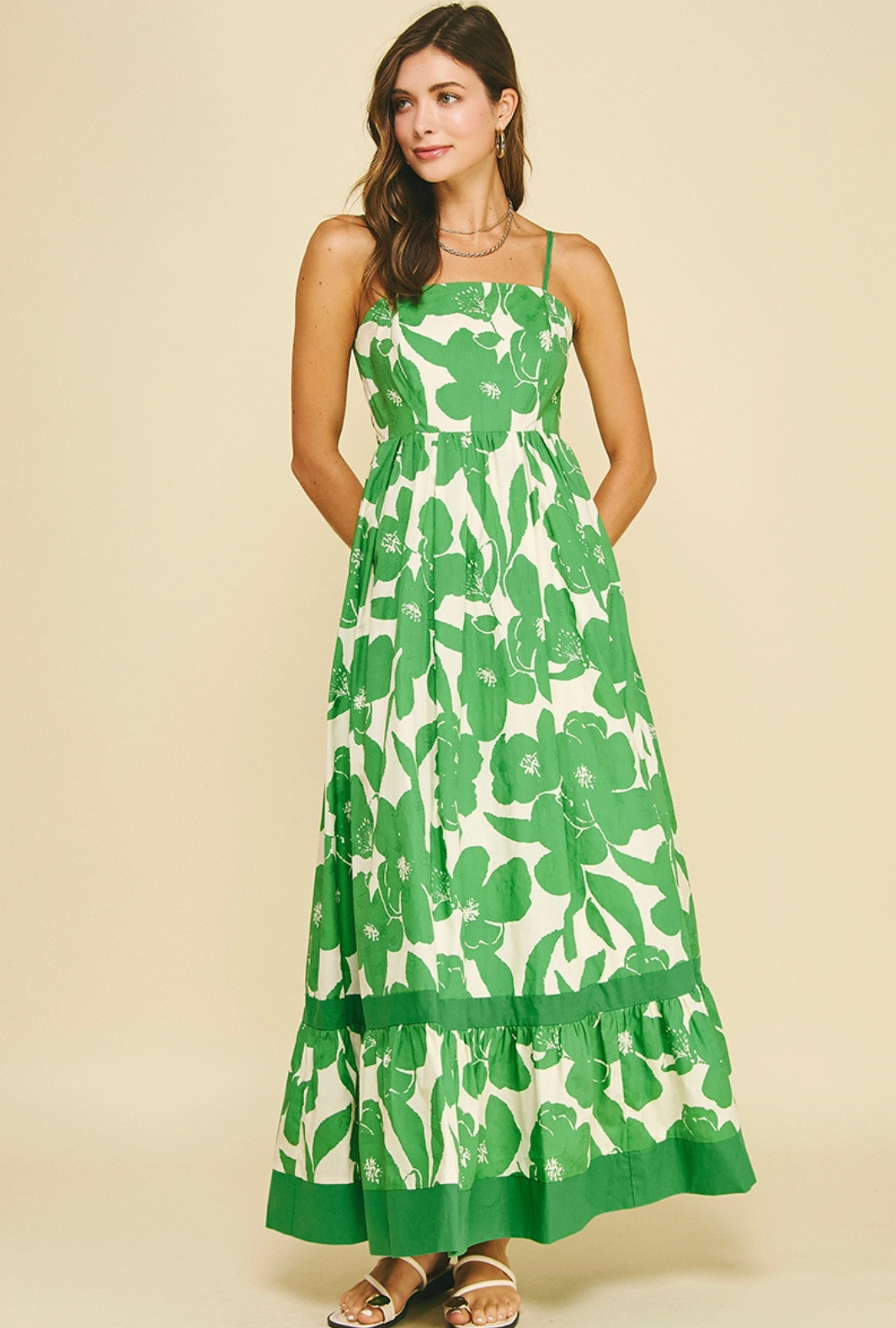 Floral Tiered Maxi Dress-Green
