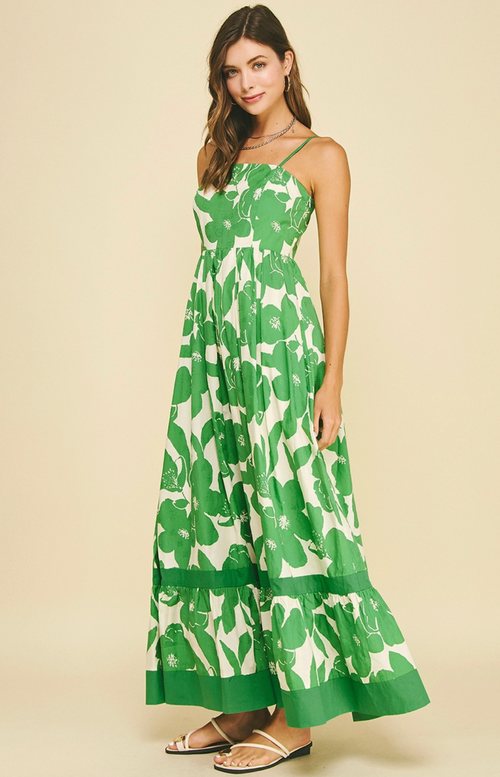 Floral Tiered Maxi Dress-Green