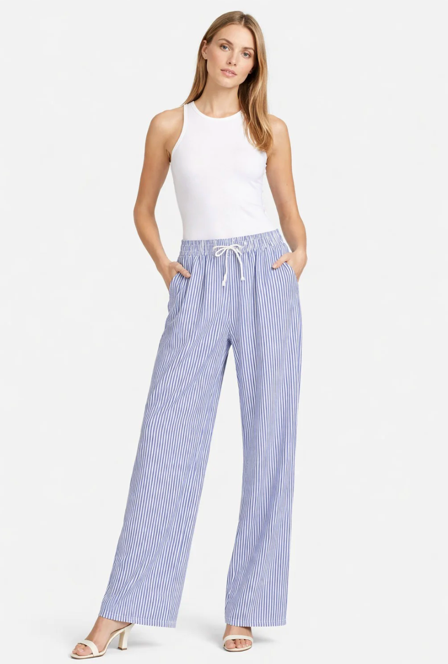Striped Wide Leg Pants-Blue