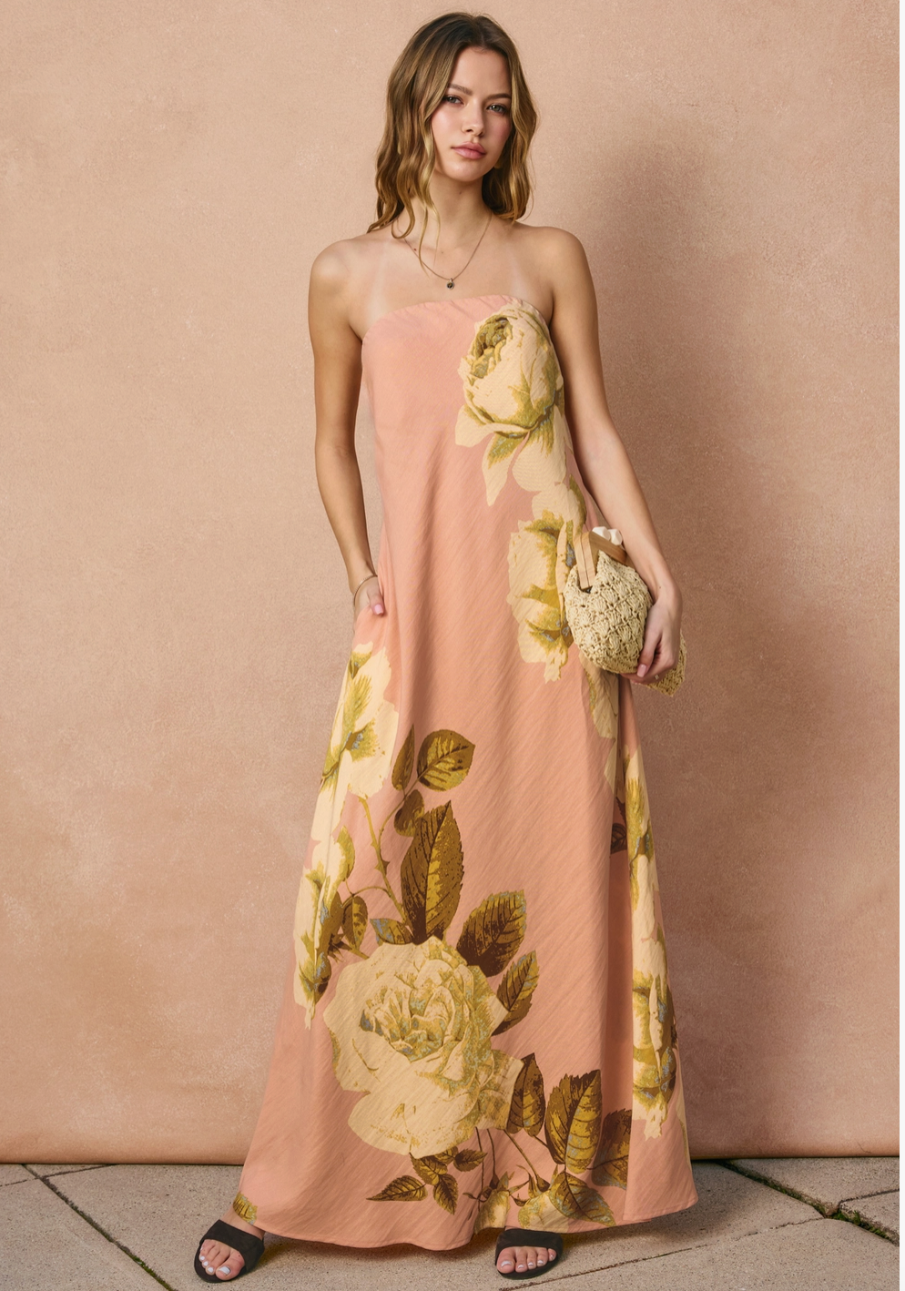 Strapless Tie Back Maxi Dress-Rose Garden
