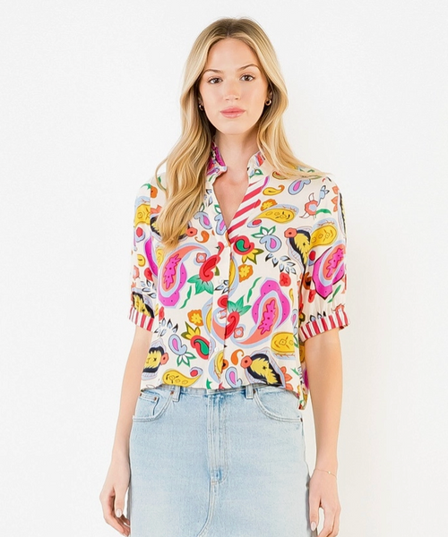 Printed V-Neck Button Stripe Cuff Top