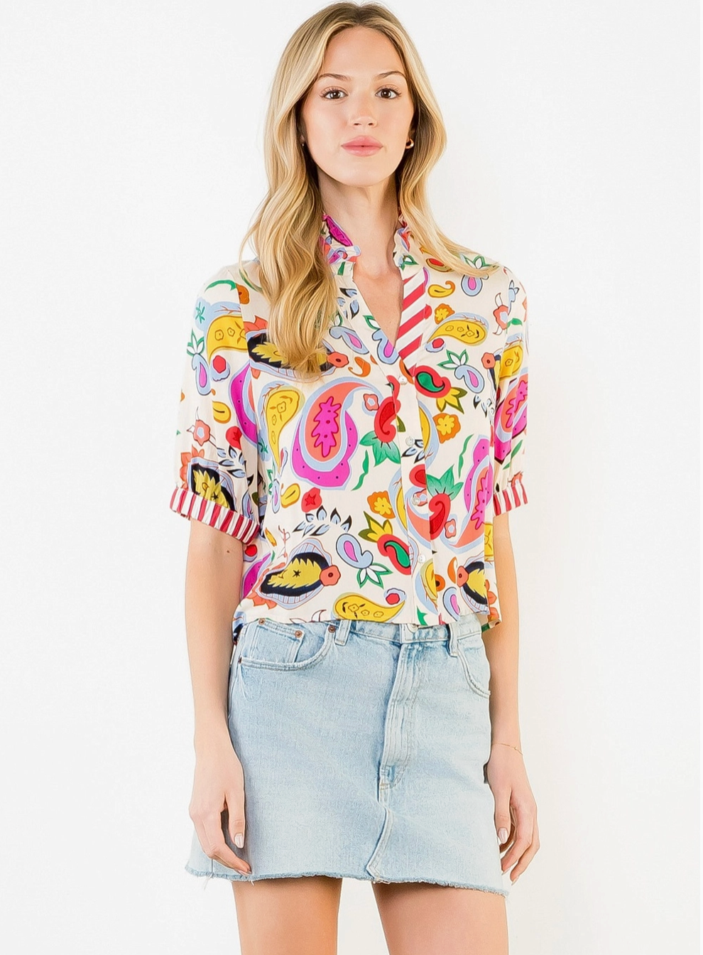 Printed V-Neck Button Stripe Cuff Top