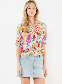 Printed V-Neck Button Stripe Cuff Top
