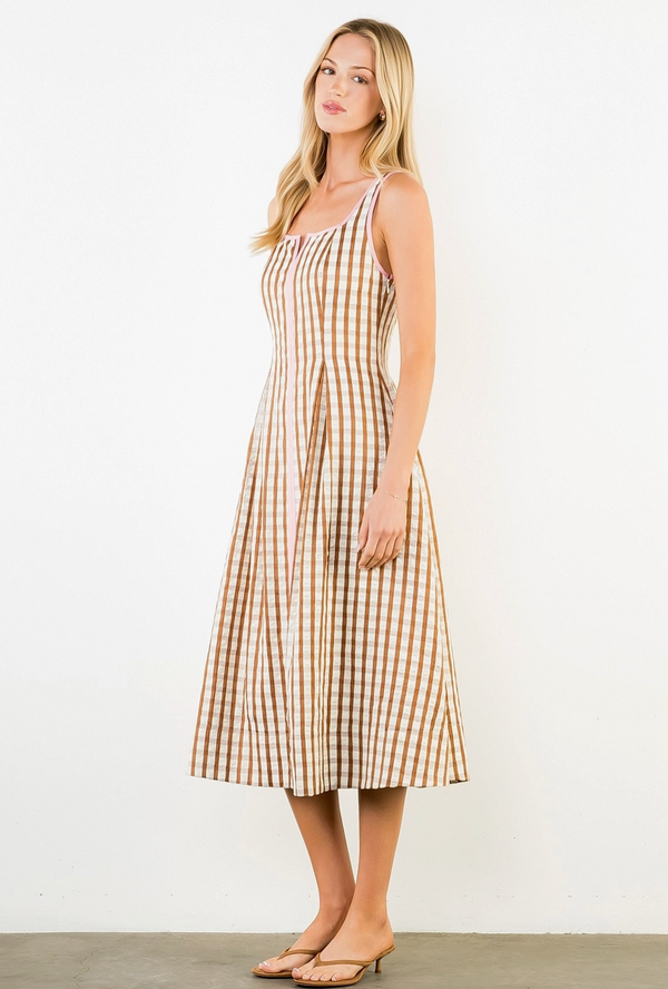 THML Gingham Midi Dress-Brown/Pink