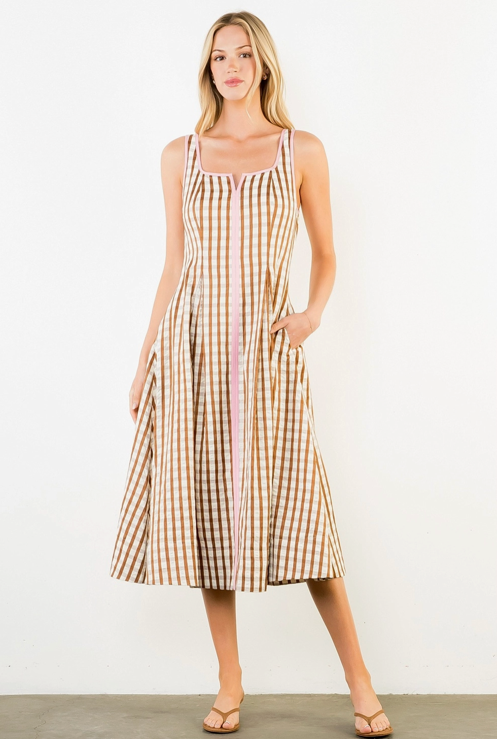 THML Gingham Midi Dress-Brown/Pink WCT3583 Medium