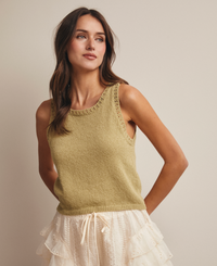 Crochet Trim Knit Tank Top-Celery