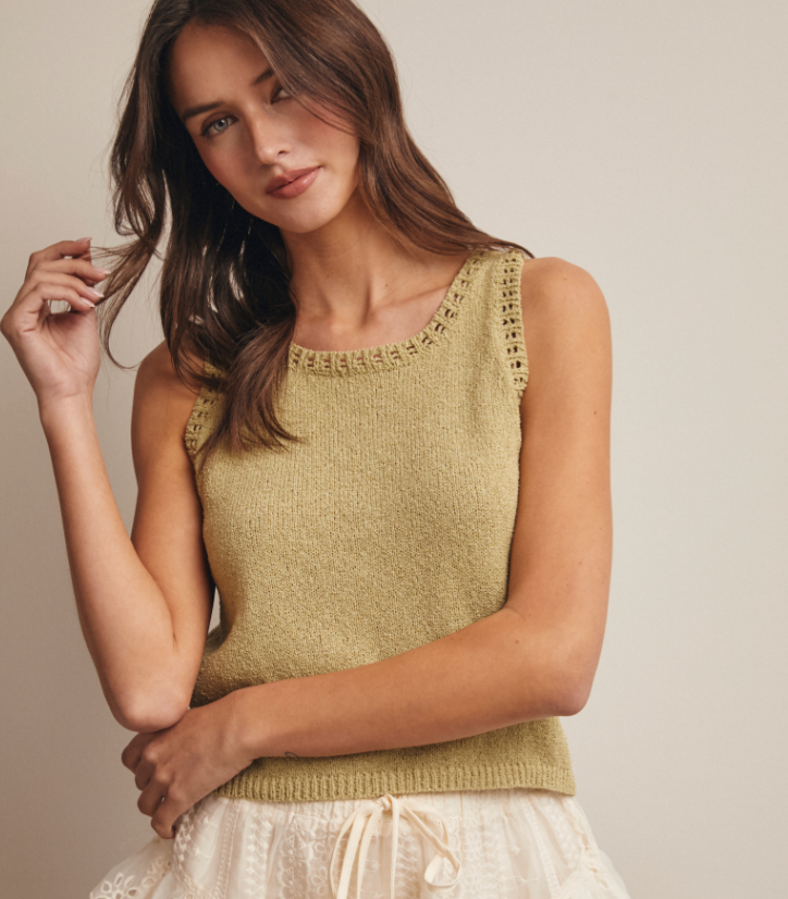 Crochet Trim Knit Tank Top-Celery