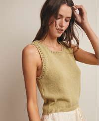 Crochet Trim Knit Tank Top-Celery