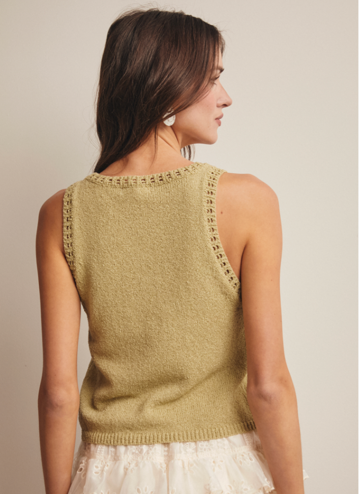 Crochet Trim Knit Tank Top-Celery
