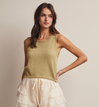 Crochet Trim Knit Tank Top-Celery