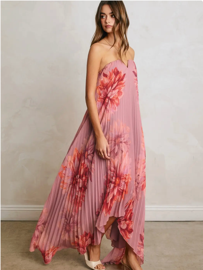 Pleated strapless Floral Dress