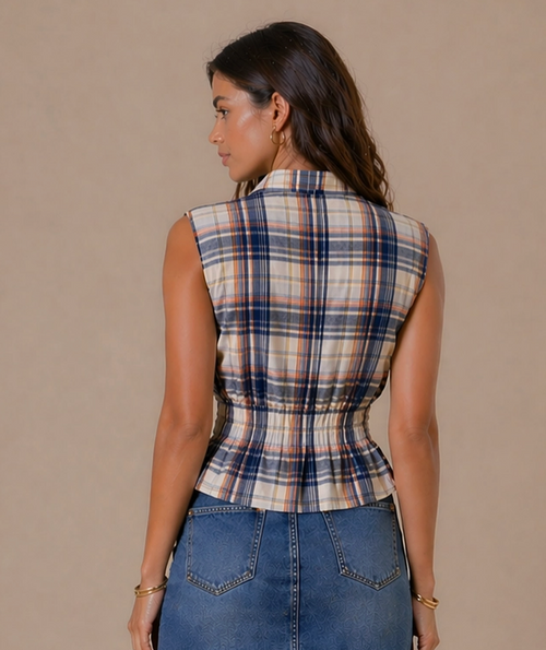 Cinched Waist Plaid Top