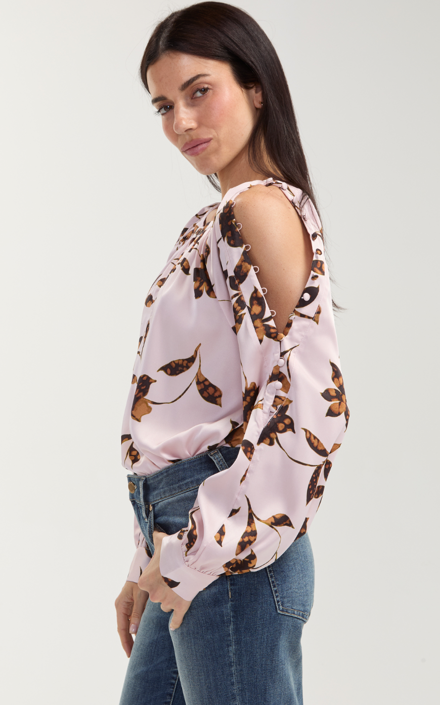 Liverpool Floral Blouse w/Button Sleeve Detail